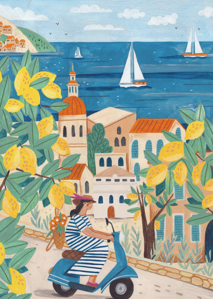 A vibrant illustration of a woman in a blue and white striped dress riding a blue scooter up a winding road in a Mediterranean coastal town. The scene is framed by lemon tree branches heavy with bright yellow fruit. In the background, charming buildings with terracotta roofs overlook a deep blue sea dotted with white sailboats. Poster