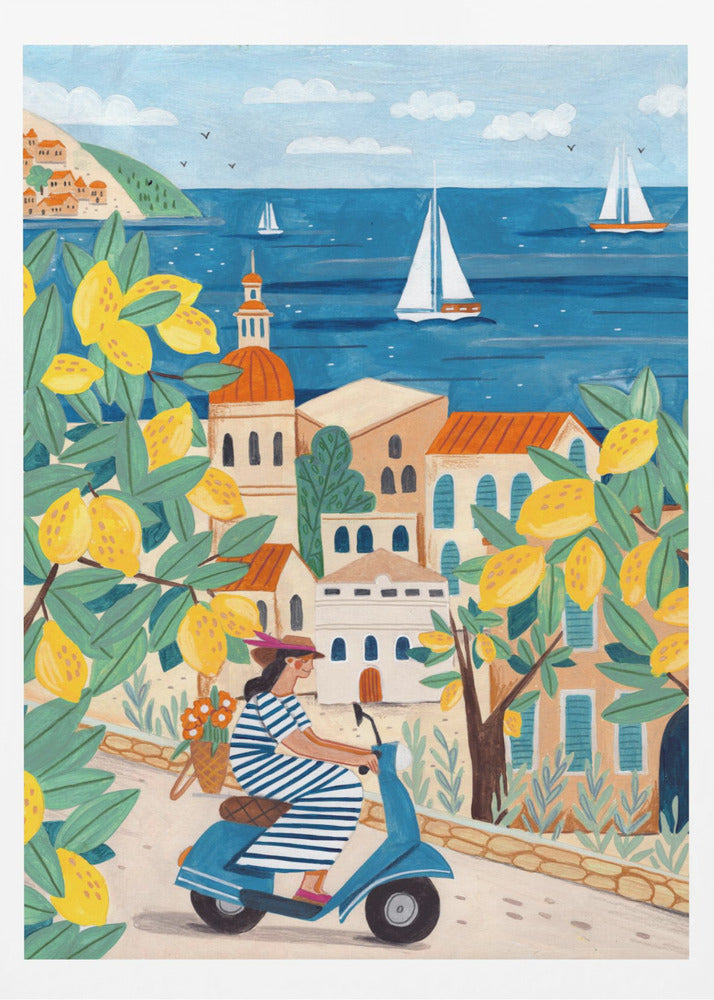 A vibrant illustration of a woman in a blue and white striped dress riding a blue scooter up a winding road in a Mediterranean coastal town. The scene is framed by lemon tree branches heavy with bright yellow fruit. In the background, charming buildings with terracotta roofs overlook a deep blue sea dotted with white sailboats. Poster