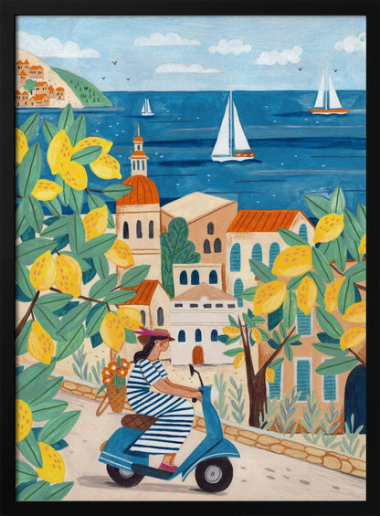 A vibrant illustration of a woman in a blue and white striped dress riding a blue scooter up a winding road in a Mediterranean coastal town. The scene is framed by lemon tree branches heavy with bright yellow fruit. In the background, charming buildings with terracotta roofs overlook a deep blue sea dotted with white sailboats. Poster