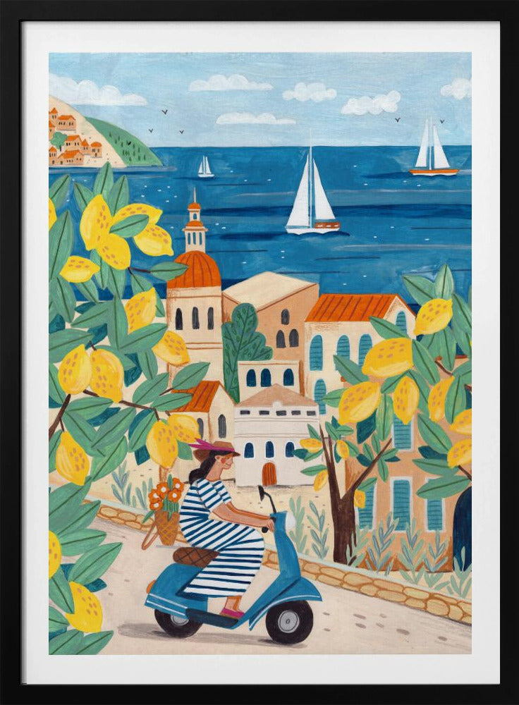 A vibrant illustration of a woman in a blue and white striped dress riding a blue scooter up a winding road in a Mediterranean coastal town. The scene is framed by lemon tree branches heavy with bright yellow fruit. In the background, charming buildings with terracotta roofs overlook a deep blue sea dotted with white sailboats. Poster