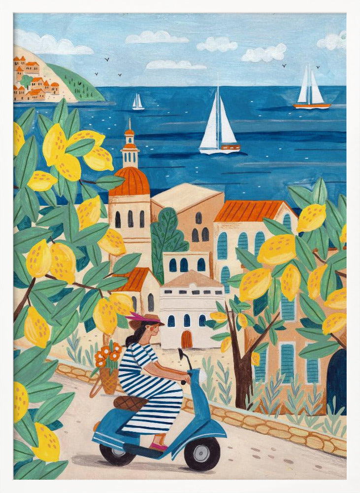 A vibrant illustration of a woman in a blue and white striped dress riding a blue scooter up a winding road in a Mediterranean coastal town. The scene is framed by lemon tree branches heavy with bright yellow fruit. In the background, charming buildings with terracotta roofs overlook a deep blue sea dotted with white sailboats. Poster