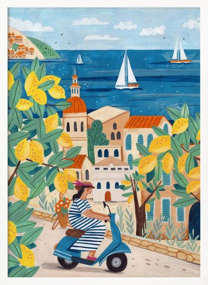 A vibrant illustration of a woman in a blue and white striped dress riding a blue scooter up a winding road in a Mediterranean coastal town. The scene is framed by lemon tree branches heavy with bright yellow fruit. In the background, charming buildings with terracotta roofs overlook a deep blue sea dotted with white sailboats. Poster