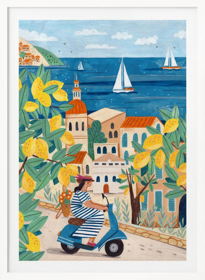 A vibrant illustration of a woman in a blue and white striped dress riding a blue scooter up a winding road in a Mediterranean coastal town. The scene is framed by lemon tree branches heavy with bright yellow fruit. In the background, charming buildings with terracotta roofs overlook a deep blue sea dotted with white sailboats. Poster