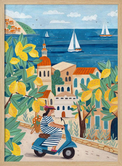 A vibrant illustration of a woman in a blue and white striped dress riding a blue scooter up a winding road in a Mediterranean coastal town. The scene is framed by lemon tree branches heavy with bright yellow fruit. In the background, charming buildings with terracotta roofs overlook a deep blue sea dotted with white sailboats. Poster