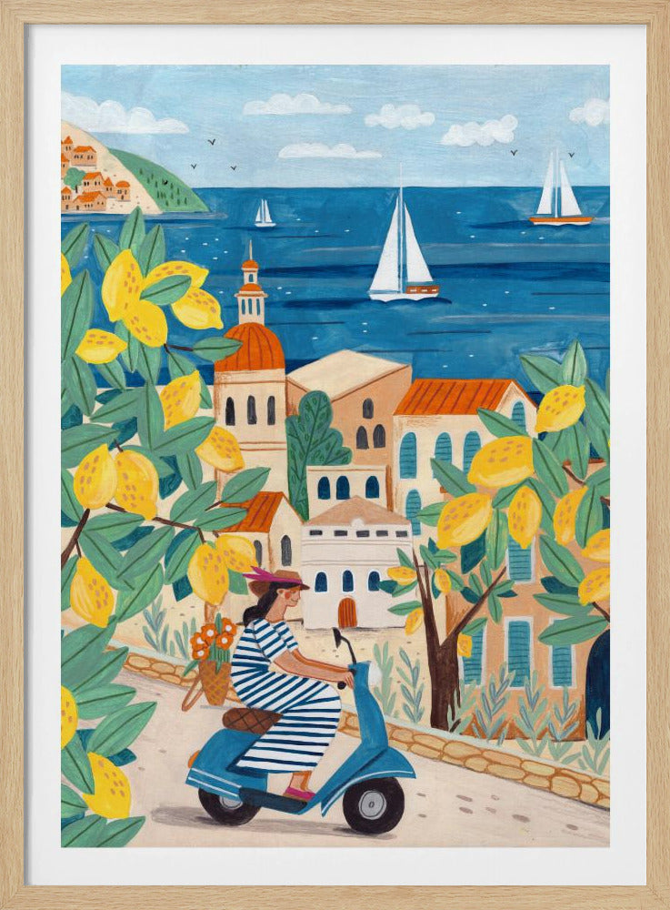 A vibrant illustration of a woman in a blue and white striped dress riding a blue scooter up a winding road in a Mediterranean coastal town. The scene is framed by lemon tree branches heavy with bright yellow fruit. In the background, charming buildings with terracotta roofs overlook a deep blue sea dotted with white sailboats. Poster