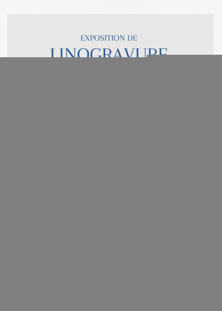 A vintage-style exhibition poster for 'Exposition de Linogravure' at the 'Musée des Arts Graphiques'. The poster features a collection of intricately detailed seashells illustrated in a blue linocut style on an off-white background, all enclosed in a simple black frame. Artwork