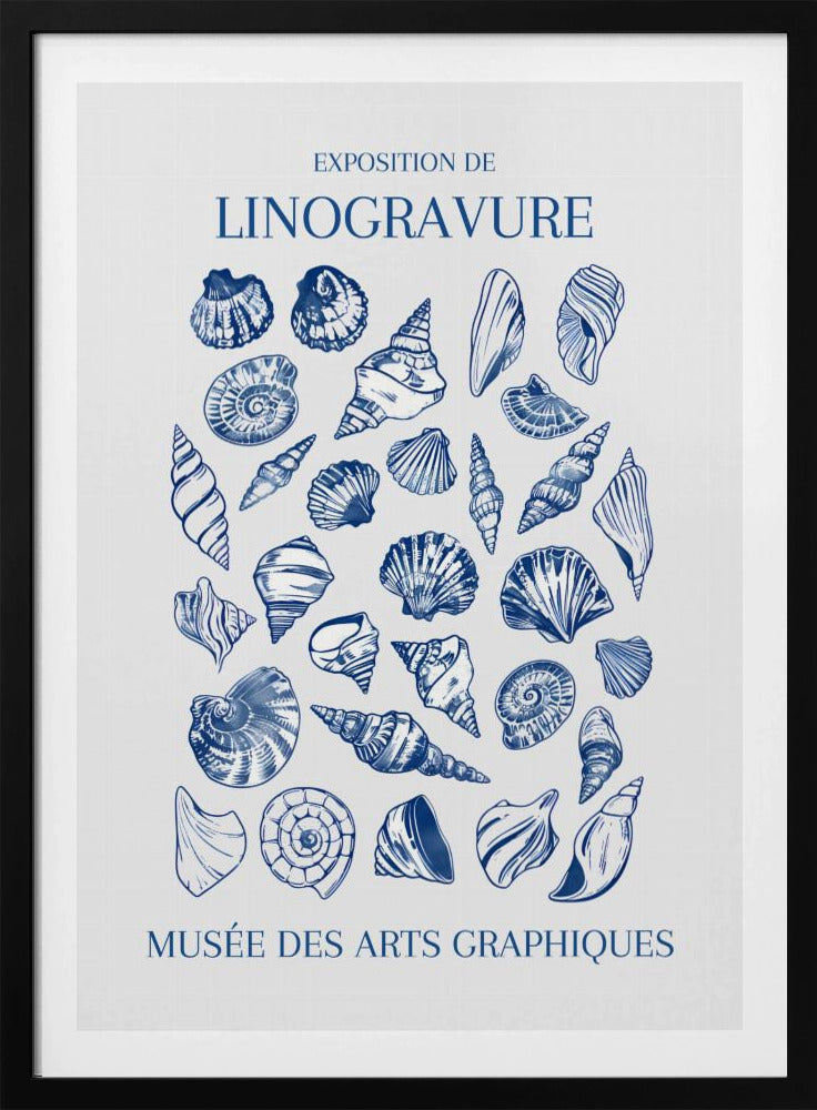 A vintage-style exhibition poster for 'Exposition de Linogravure' at the 'Musée des Arts Graphiques'. The poster features a collection of intricately detailed seashells illustrated in a blue linocut style on an off-white background, all enclosed in a simple black frame. Artwork