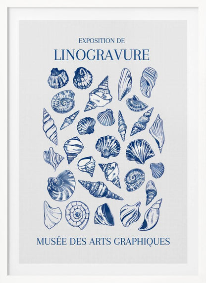 A vintage-style exhibition poster for 'Exposition de Linogravure' at the 'Musée des Arts Graphiques'. The poster features a collection of intricately detailed seashells illustrated in a blue linocut style on an off-white background, all enclosed in a simple black frame. Artwork