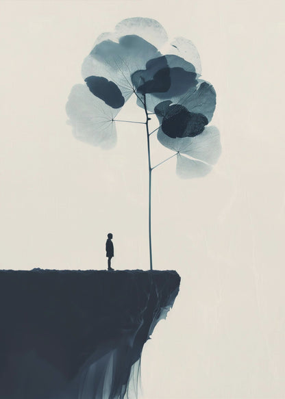 A minimalist abstract artwork featuring a dark silhouette of a person standing on a cliff's edge next to a tall, thin tree with large, translucent blue leaves against a light beige background. Wall Art