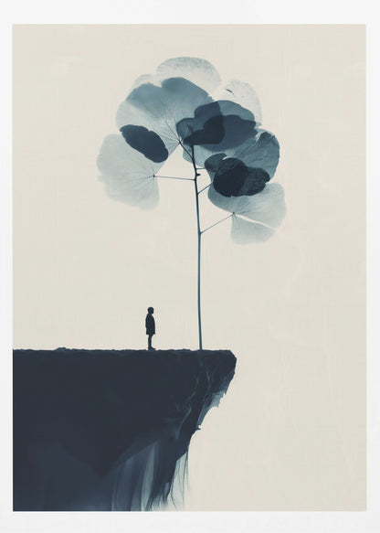 A minimalist abstract artwork featuring a dark silhouette of a person standing on a cliff's edge next to a tall, thin tree with large, translucent blue leaves against a light beige background. Wall Art