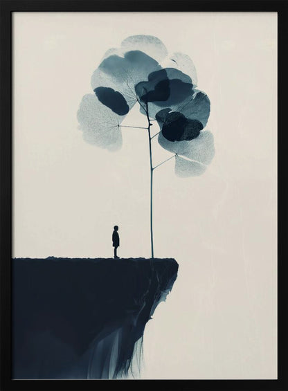 A minimalist abstract artwork featuring a dark silhouette of a person standing on a cliff's edge next to a tall, thin tree with large, translucent blue leaves against a light beige background. Wall Art