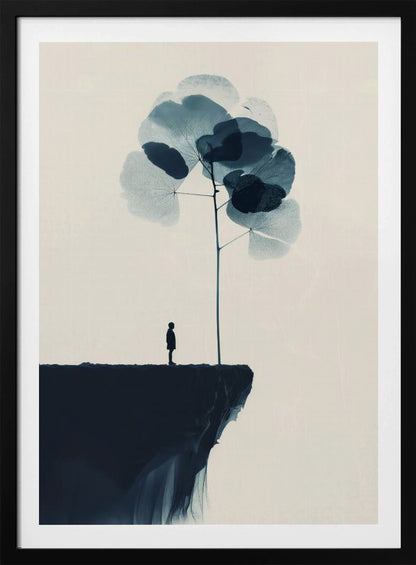 A minimalist abstract artwork featuring a dark silhouette of a person standing on a cliff's edge next to a tall, thin tree with large, translucent blue leaves against a light beige background. Wall Art