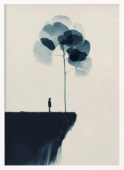 A minimalist abstract artwork featuring a dark silhouette of a person standing on a cliff's edge next to a tall, thin tree with large, translucent blue leaves against a light beige background. Wall Art