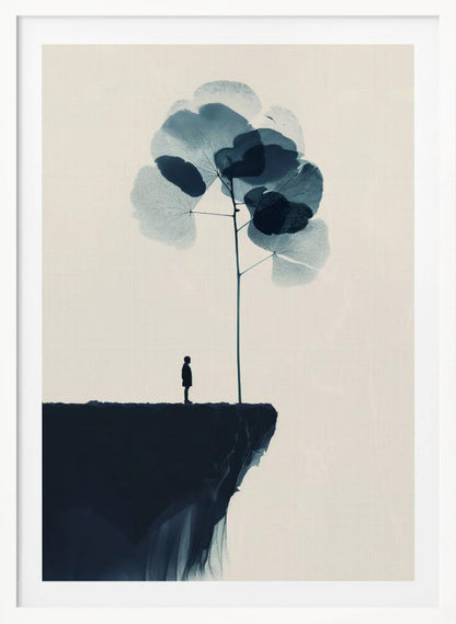 A minimalist abstract artwork featuring a dark silhouette of a person standing on a cliff's edge next to a tall, thin tree with large, translucent blue leaves against a light beige background. Wall Art
