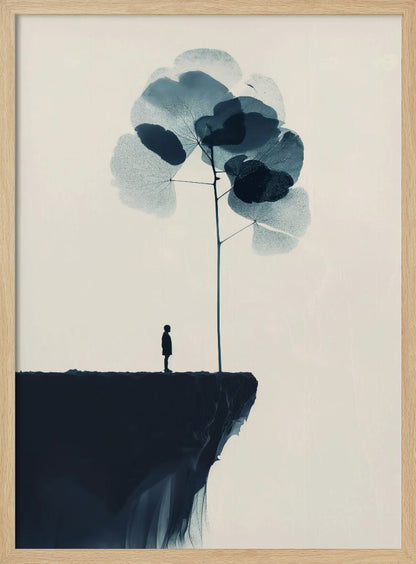 A minimalist abstract artwork featuring a dark silhouette of a person standing on a cliff's edge next to a tall, thin tree with large, translucent blue leaves against a light beige background. Wall Art