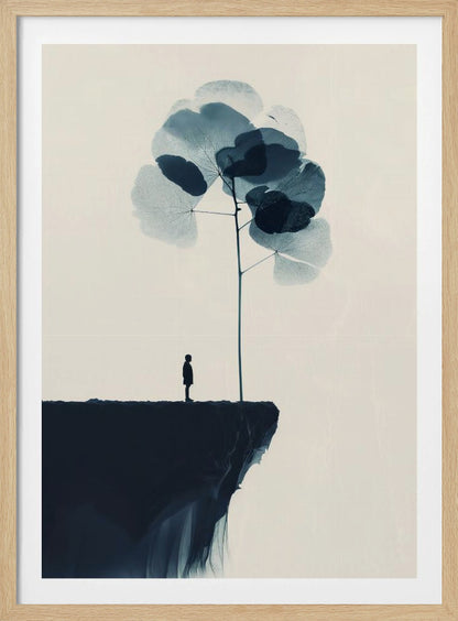 A minimalist abstract artwork featuring a dark silhouette of a person standing on a cliff's edge next to a tall, thin tree with large, translucent blue leaves against a light beige background. Wall Art
