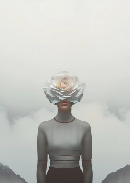 A surrealist portrait of a person from the waist up, their face completely covered by a large, white paper rose. They are wearing a grey turtleneck sweater and stand in front of a foggy, mountainous landscape under a pale grey sky. Poster