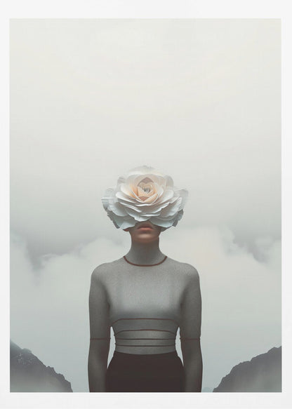A surrealist portrait of a person from the waist up, their face completely covered by a large, white paper rose. They are wearing a grey turtleneck sweater and stand in front of a foggy, mountainous landscape under a pale grey sky. Poster