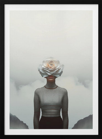 A surrealist portrait of a person from the waist up, their face completely covered by a large, white paper rose. They are wearing a grey turtleneck sweater and stand in front of a foggy, mountainous landscape under a pale grey sky. Poster