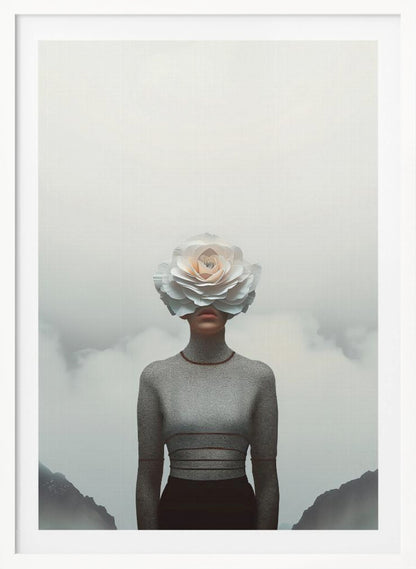 A surrealist portrait of a person from the waist up, their face completely covered by a large, white paper rose. They are wearing a grey turtleneck sweater and stand in front of a foggy, mountainous landscape under a pale grey sky. Poster