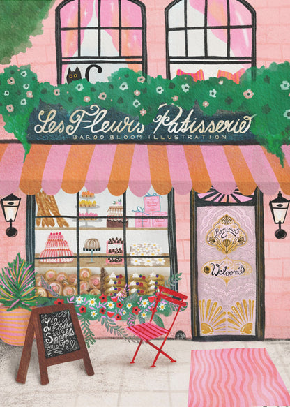A whimsical illustration of a charming pink French bakery named 'Les Fleurs Patisserie'. A pink and orange striped awning hangs over a window filled with cakes and pastries. A black cat peeks out from a lush green garland above the shop. In front, a small red chair, a chalkboard sign, and an ornate pink door add to the inviting Parisian scene. Print
