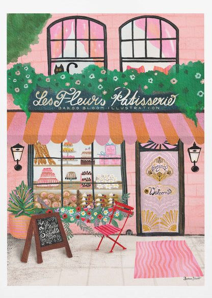 A whimsical illustration of a charming pink French bakery named 'Les Fleurs Patisserie'. A pink and orange striped awning hangs over a window filled with cakes and pastries. A black cat peeks out from a lush green garland above the shop. In front, a small red chair, a chalkboard sign, and an ornate pink door add to the inviting Parisian scene. Print