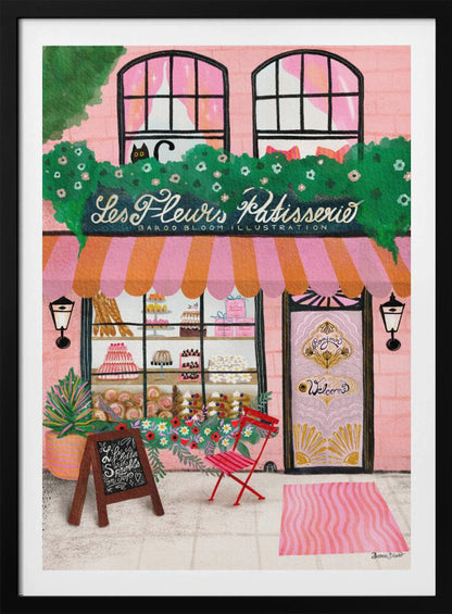 A whimsical illustration of a charming pink French bakery named 'Les Fleurs Patisserie'. A pink and orange striped awning hangs over a window filled with cakes and pastries. A black cat peeks out from a lush green garland above the shop. In front, a small red chair, a chalkboard sign, and an ornate pink door add to the inviting Parisian scene. Print