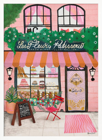 A whimsical illustration of a charming pink French bakery named 'Les Fleurs Patisserie'. A pink and orange striped awning hangs over a window filled with cakes and pastries. A black cat peeks out from a lush green garland above the shop. In front, a small red chair, a chalkboard sign, and an ornate pink door add to the inviting Parisian scene. Print