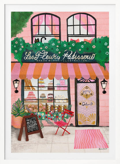 A whimsical illustration of a charming pink French bakery named 'Les Fleurs Patisserie'. A pink and orange striped awning hangs over a window filled with cakes and pastries. A black cat peeks out from a lush green garland above the shop. In front, a small red chair, a chalkboard sign, and an ornate pink door add to the inviting Parisian scene. Print
