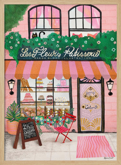 A whimsical illustration of a charming pink French bakery named 'Les Fleurs Patisserie'. A pink and orange striped awning hangs over a window filled with cakes and pastries. A black cat peeks out from a lush green garland above the shop. In front, a small red chair, a chalkboard sign, and an ornate pink door add to the inviting Parisian scene. Print