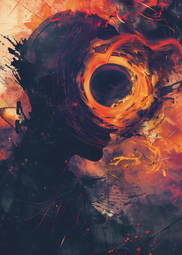 An abstract artwork depicting a dark silhouette of a person's head in profile. From the center of the head emanates a swirling, fiery vortex of orange, red, and yellow, resembling a black hole or a cosmic event, set against a dark, textured background with paint splatters. Print