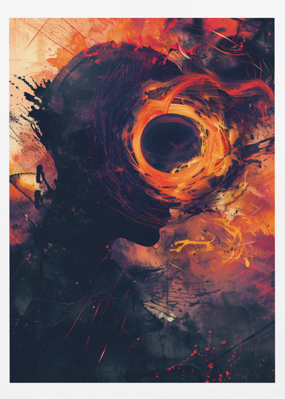 An abstract artwork depicting a dark silhouette of a person's head in profile. From the center of the head emanates a swirling, fiery vortex of orange, red, and yellow, resembling a black hole or a cosmic event, set against a dark, textured background with paint splatters. Print