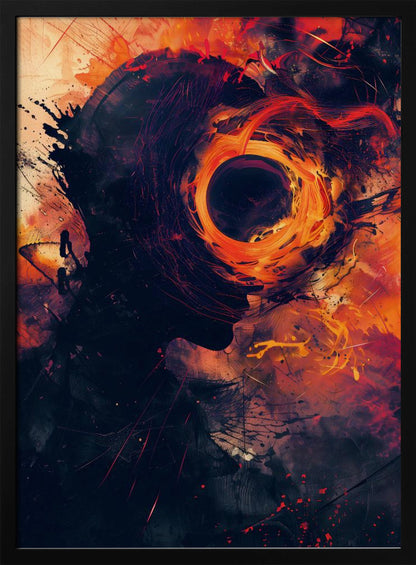 An abstract artwork depicting a dark silhouette of a person's head in profile. From the center of the head emanates a swirling, fiery vortex of orange, red, and yellow, resembling a black hole or a cosmic event, set against a dark, textured background with paint splatters. Print