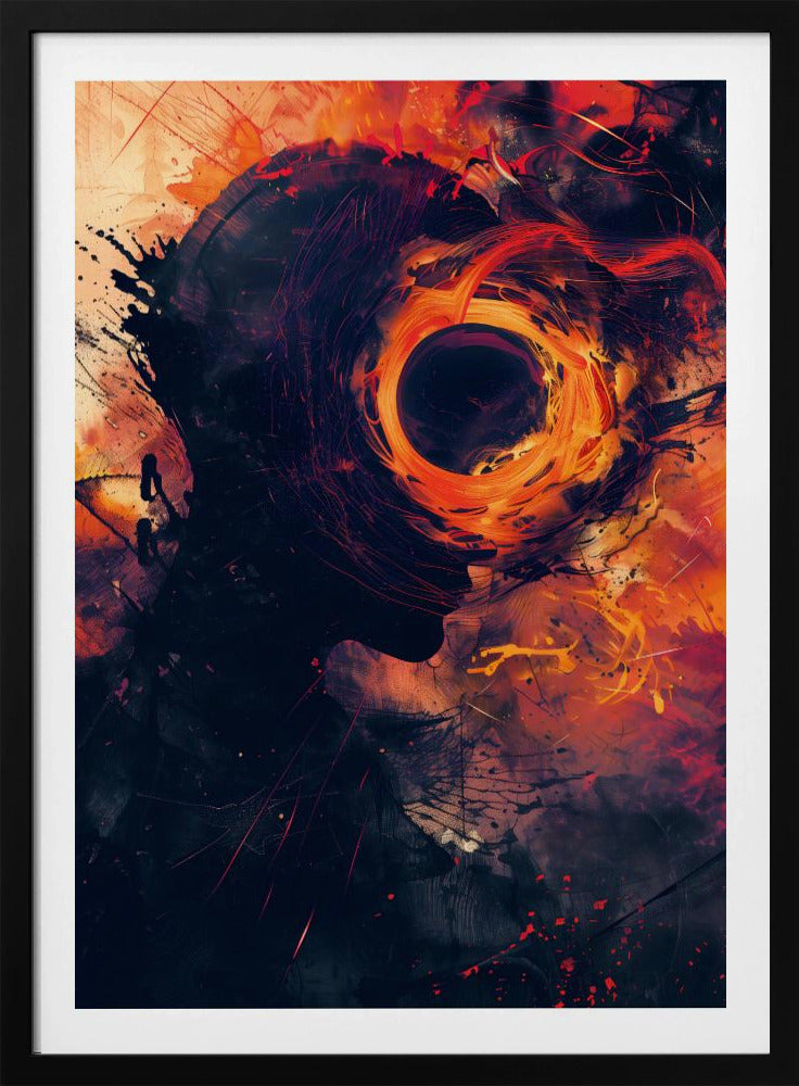 An abstract artwork depicting a dark silhouette of a person's head in profile. From the center of the head emanates a swirling, fiery vortex of orange, red, and yellow, resembling a black hole or a cosmic event, set against a dark, textured background with paint splatters. Print