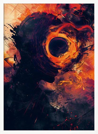 An abstract artwork depicting a dark silhouette of a person's head in profile. From the center of the head emanates a swirling, fiery vortex of orange, red, and yellow, resembling a black hole or a cosmic event, set against a dark, textured background with paint splatters. Print