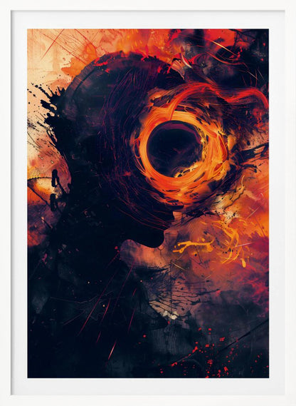 An abstract artwork depicting a dark silhouette of a person's head in profile. From the center of the head emanates a swirling, fiery vortex of orange, red, and yellow, resembling a black hole or a cosmic event, set against a dark, textured background with paint splatters. Print