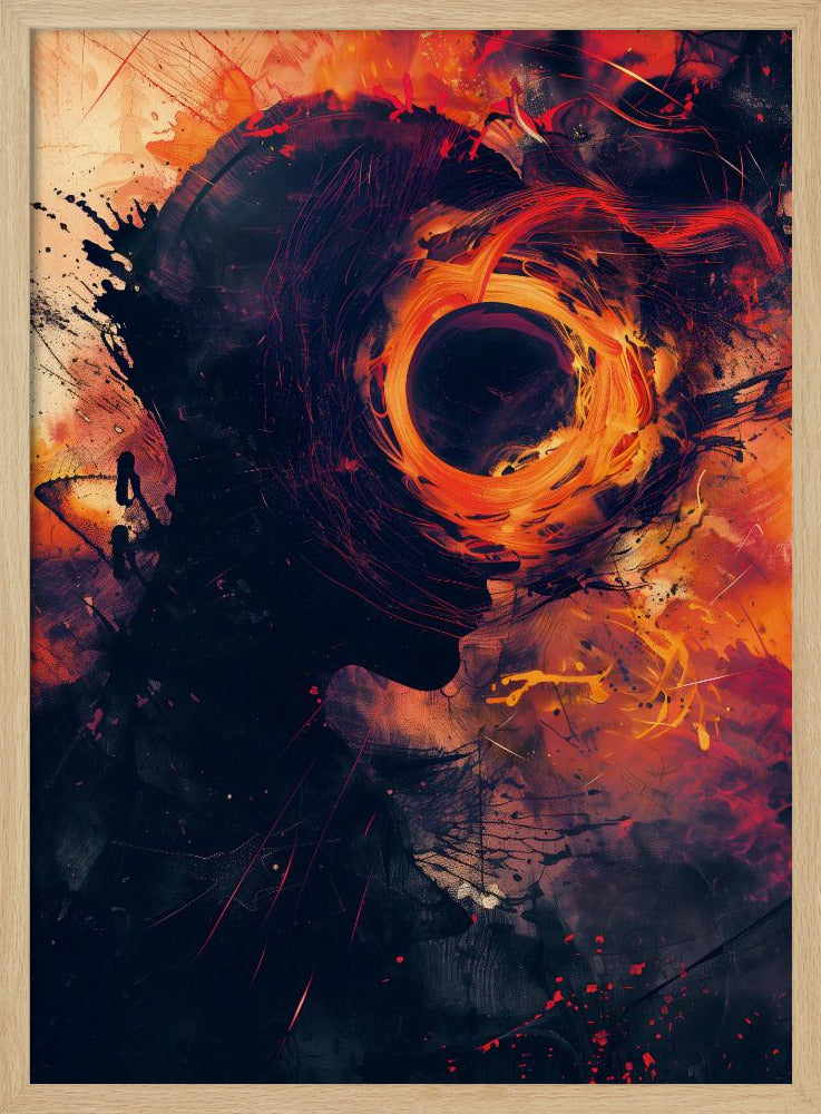 An abstract artwork depicting a dark silhouette of a person's head in profile. From the center of the head emanates a swirling, fiery vortex of orange, red, and yellow, resembling a black hole or a cosmic event, set against a dark, textured background with paint splatters. Print