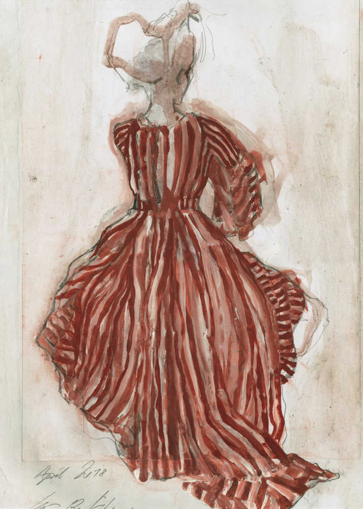 A vintage watercolor sketch of a woman from behind, wearing an elaborate red and white striped gown with long sleeves and a full skirt. Her hair is in an updo, and the artwork has a loose, expressive style on aged paper, presented in a black frame. Wall Art