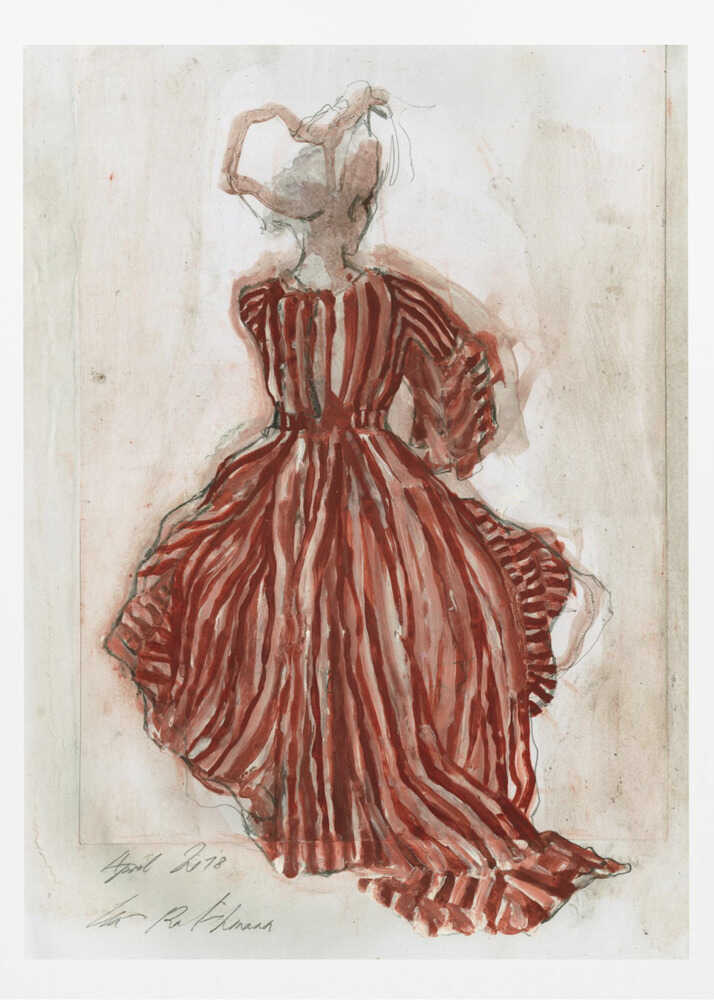 A vintage watercolor sketch of a woman from behind, wearing an elaborate red and white striped gown with long sleeves and a full skirt. Her hair is in an updo, and the artwork has a loose, expressive style on aged paper, presented in a black frame. Wall Art
