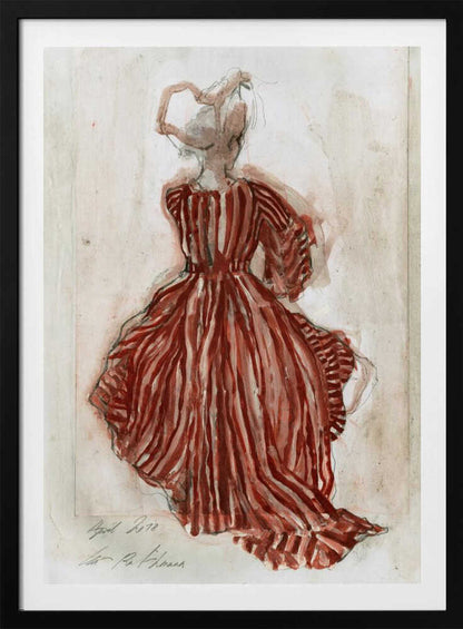 A vintage watercolor sketch of a woman from behind, wearing an elaborate red and white striped gown with long sleeves and a full skirt. Her hair is in an updo, and the artwork has a loose, expressive style on aged paper, presented in a black frame. Wall Art