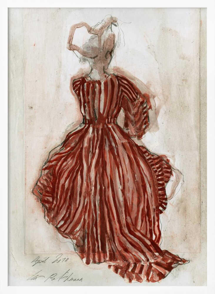 A vintage watercolor sketch of a woman from behind, wearing an elaborate red and white striped gown with long sleeves and a full skirt. Her hair is in an updo, and the artwork has a loose, expressive style on aged paper, presented in a black frame. Wall Art