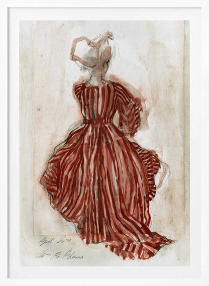 A vintage watercolor sketch of a woman from behind, wearing an elaborate red and white striped gown with long sleeves and a full skirt. Her hair is in an updo, and the artwork has a loose, expressive style on aged paper, presented in a black frame. Wall Art