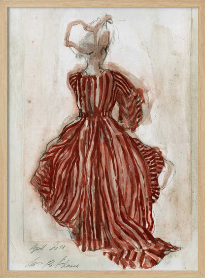 A vintage watercolor sketch of a woman from behind, wearing an elaborate red and white striped gown with long sleeves and a full skirt. Her hair is in an updo, and the artwork has a loose, expressive style on aged paper, presented in a black frame. Wall Art