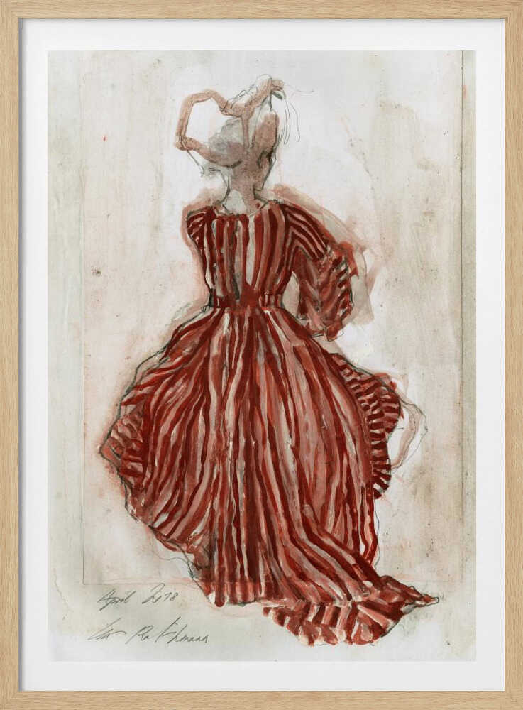 A vintage watercolor sketch of a woman from behind, wearing an elaborate red and white striped gown with long sleeves and a full skirt. Her hair is in an updo, and the artwork has a loose, expressive style on aged paper, presented in a black frame. Wall Art