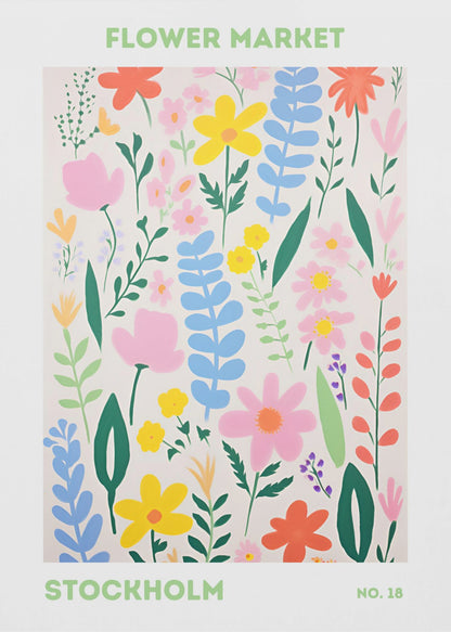 A framed art print of a 'Flower Market Stockholm' poster. It features a colorful, stylized illustration of various flowers and leaves in shades of pink, yellow, blue, and green against a cream background. The text is in a light green sans-serif font. Decor