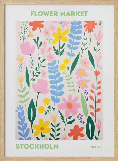 A framed art print of a 'Flower Market Stockholm' poster. It features a colorful, stylized illustration of various flowers and leaves in shades of pink, yellow, blue, and green against a cream background. The text is in a light green sans-serif font. Decor