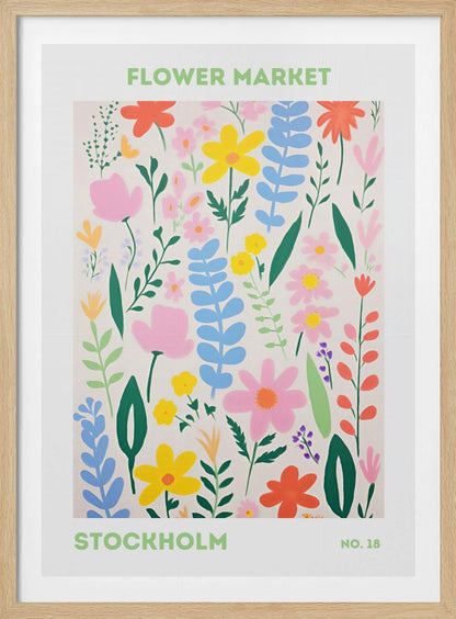 A framed art print of a 'Flower Market Stockholm' poster. It features a colorful, stylized illustration of various flowers and leaves in shades of pink, yellow, blue, and green against a cream background. The text is in a light green sans-serif font. Decor