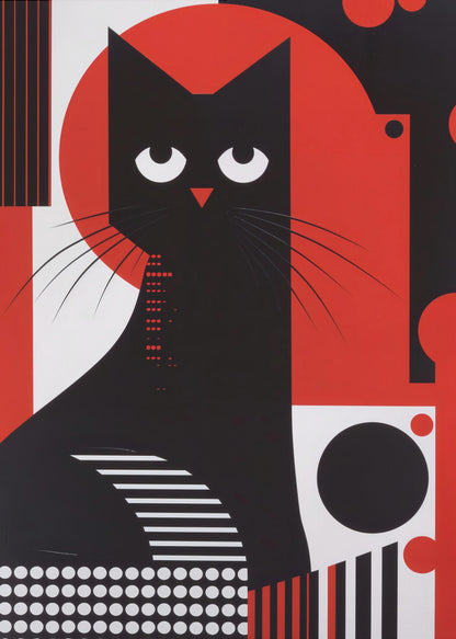 A stylized graphic illustration of a black cat with large, white, crescent-shaped eyes. The cat is set against a large red circle and a background composed of various geometric shapes and patterns in black, white, and red, including stripes, dots, and circles. Decor