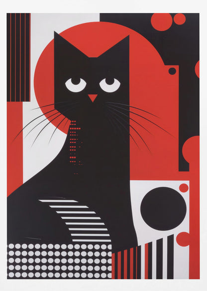 A stylized graphic illustration of a black cat with large, white, crescent-shaped eyes. The cat is set against a large red circle and a background composed of various geometric shapes and patterns in black, white, and red, including stripes, dots, and circles. Decor