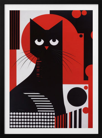 A stylized graphic illustration of a black cat with large, white, crescent-shaped eyes. The cat is set against a large red circle and a background composed of various geometric shapes and patterns in black, white, and red, including stripes, dots, and circles. Decor